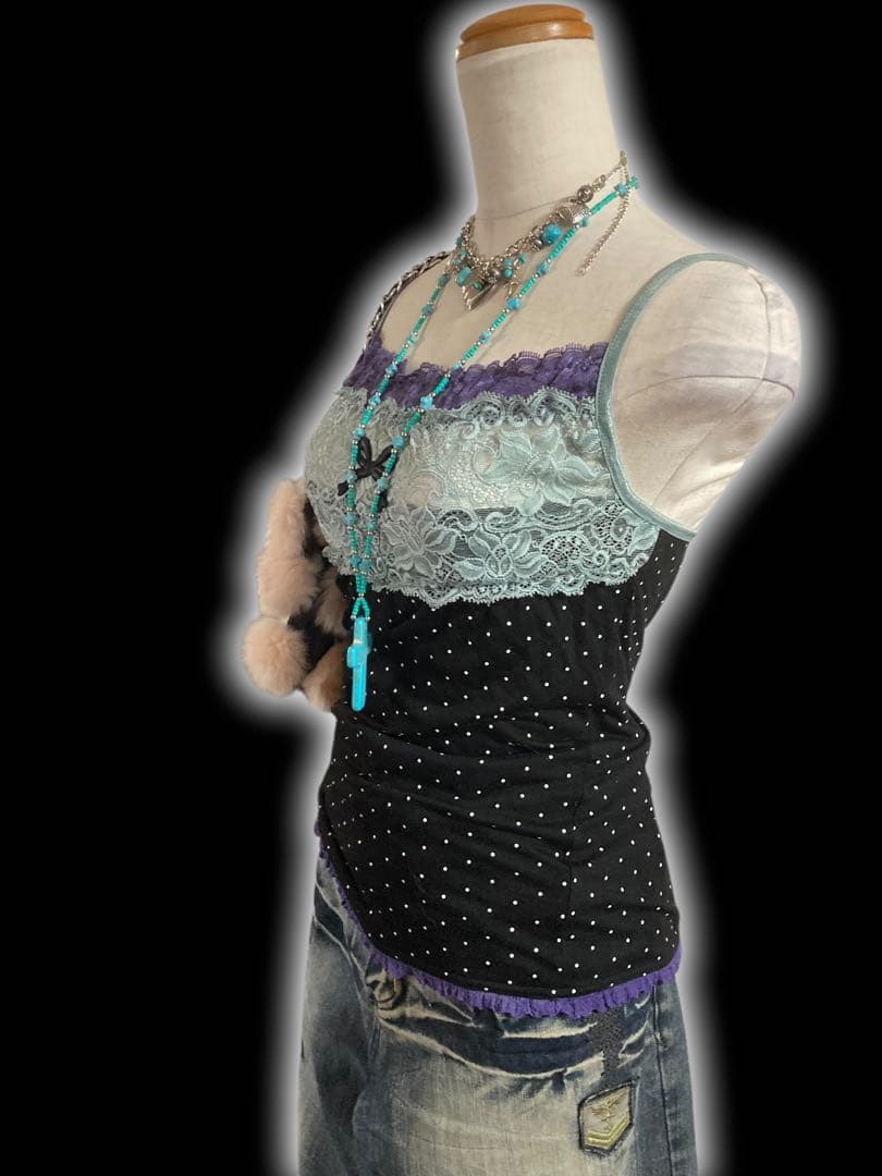 y2k水玉ドット２段レースリボンキャミ平成甘めギャルフェアリーグランジゴシック