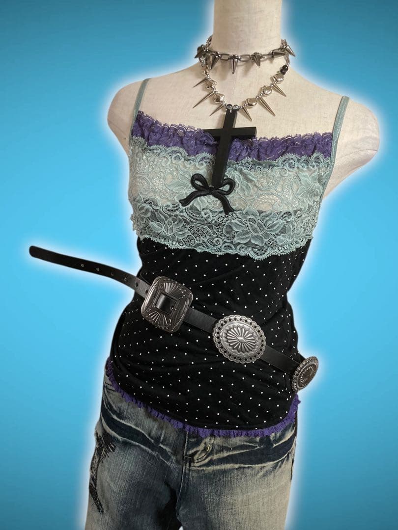 y2k水玉ドット２段レースリボンキャミ平成甘めギャルフェアリーグランジゴシック