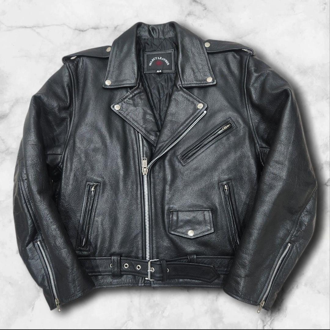 本革 ダブルライダースジャケット カウレザー 短丈 大きいサイズ 44 ブラック