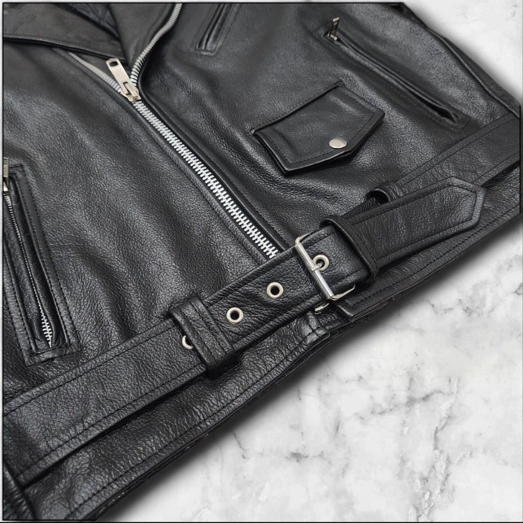 本革 ダブルライダースジャケット カウレザー 短丈 大きいサイズ 44 ブラック