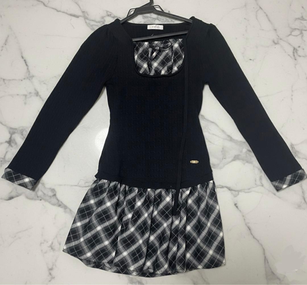 evelyn チェックドッキングニットワンピース