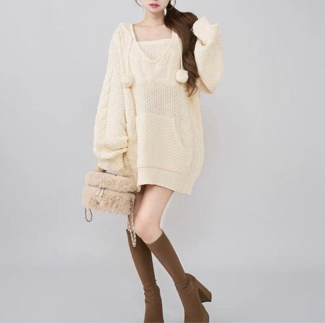 ケーブルDDロゴVネックニットフーディ