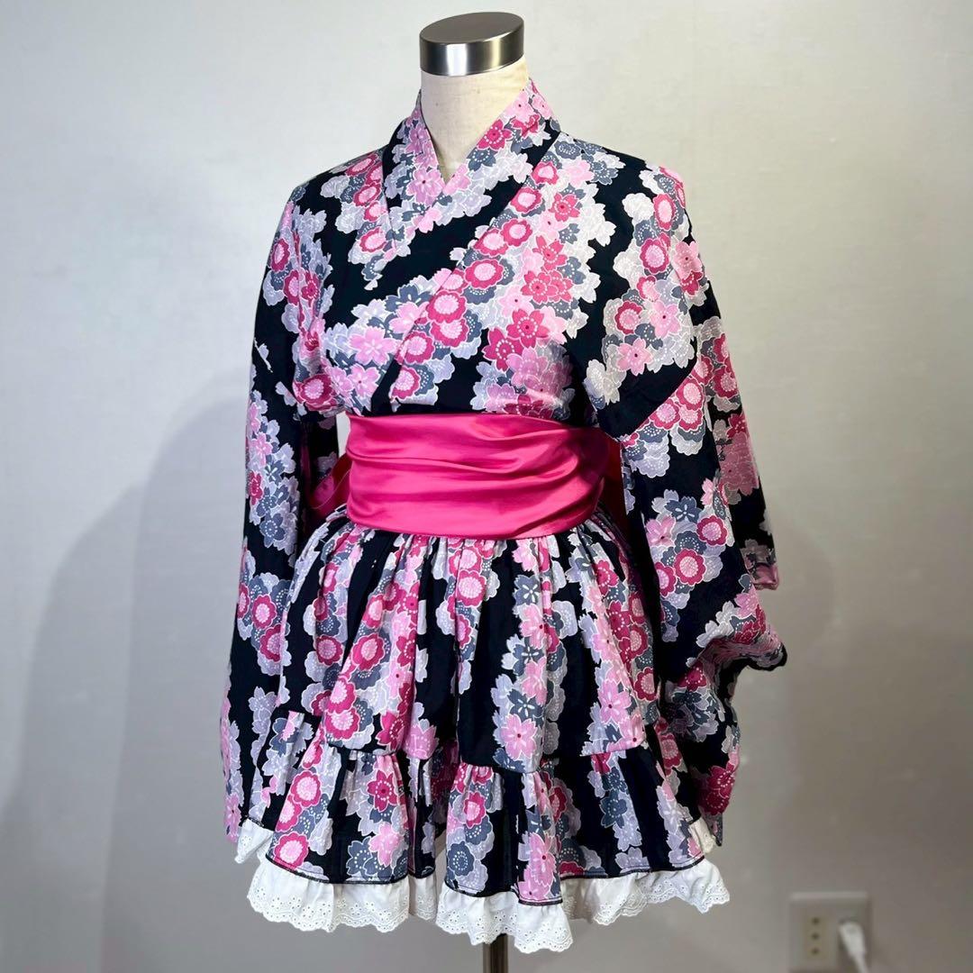 rowa's 浴衣ドレス 黒ピンク 兵児帯 地雷ギャル 姫ギャル y2k