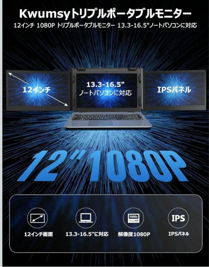 【美品】Kwumsy製 ノートPC用 トリプルモニター 12インチ FHD