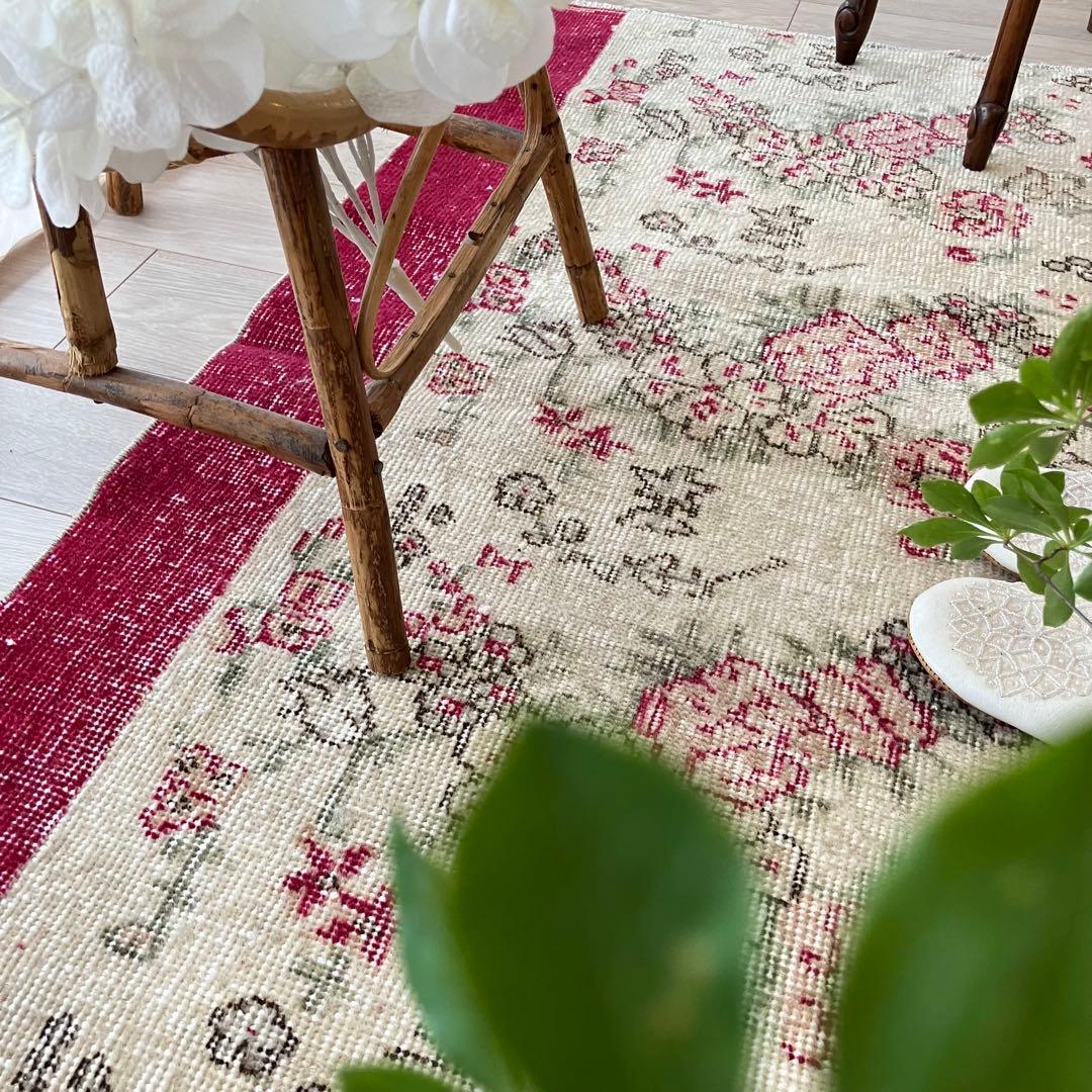 レッド✳︎60×151✳︎ フラワー　ローズ　ランナー　トルコヴィンテージラグ