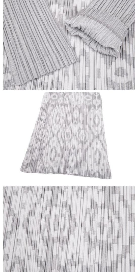 イッセイ・ミヤケプリーツプリーズ ジャガードピクセルVネック長袖ワンピースグレー