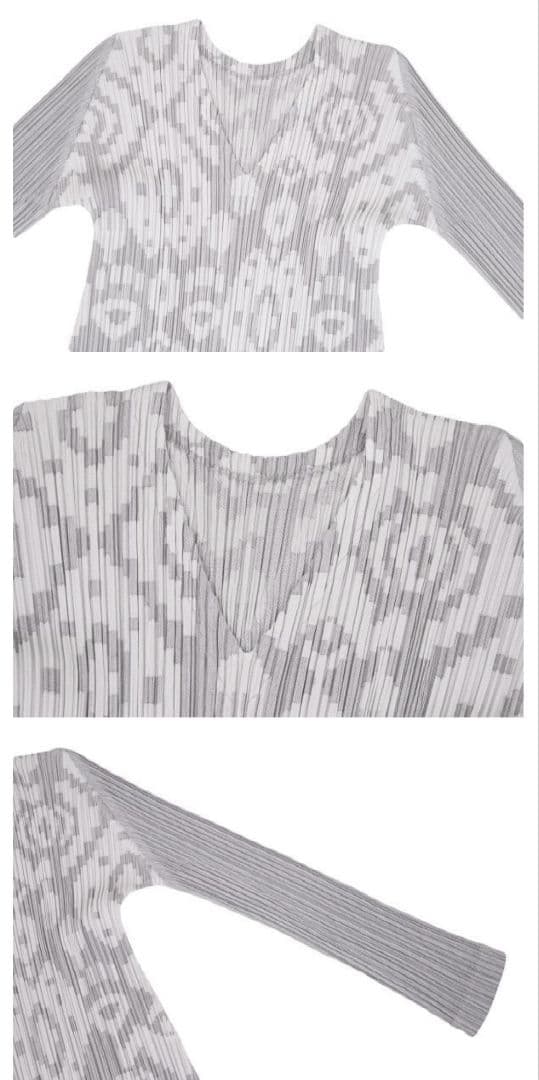 イッセイ・ミヤケプリーツプリーズ ジャガードピクセルVネック長袖ワンピースグレー