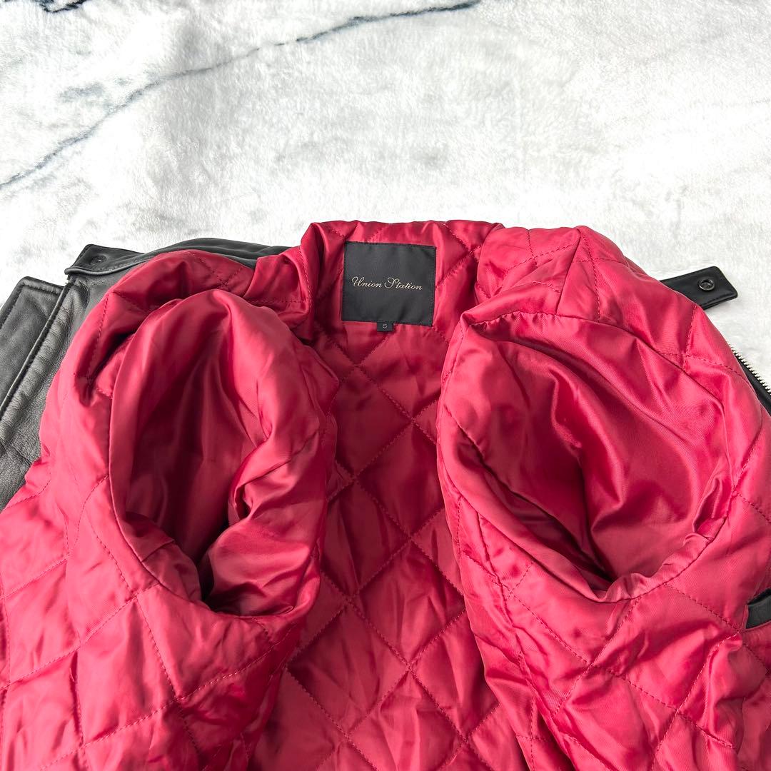 メンズビギ　ラムレザー　シングルライダース　キルティング　ダブルジップ　黒　赤