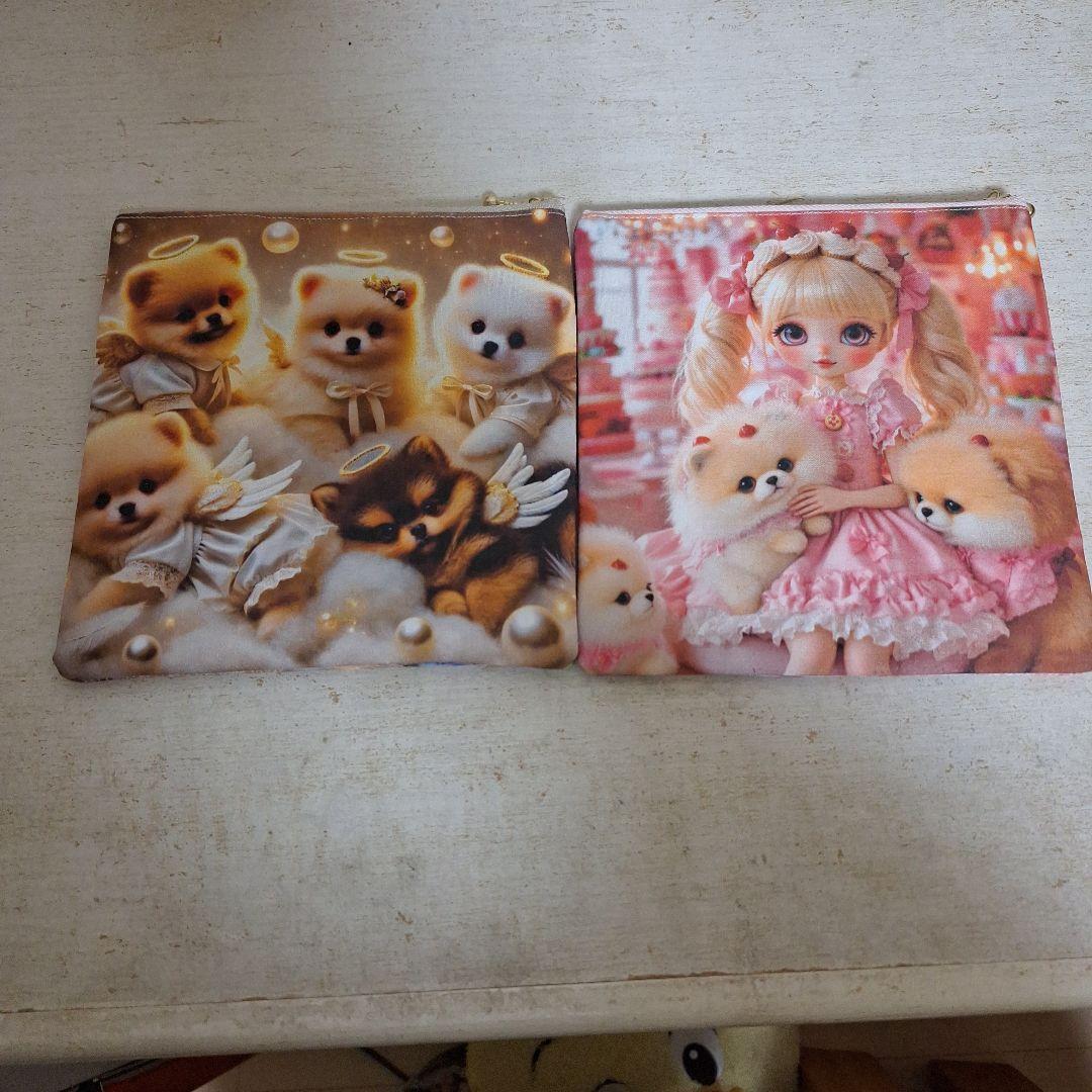 激レアポメラニアンパネル生地　ハンドメイド　フラットポーチ　まちなしバッグ
