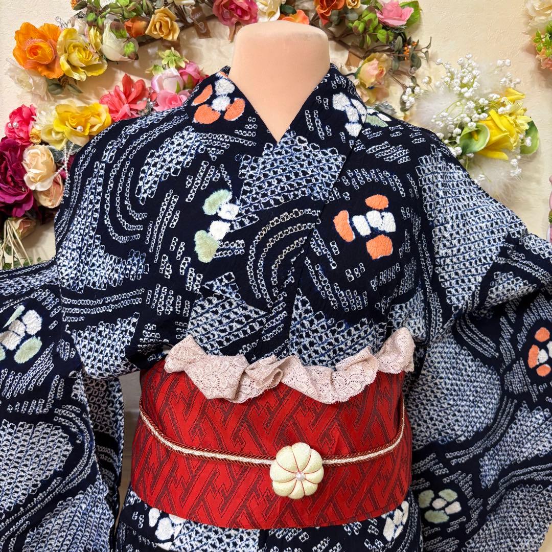 有松鳴海絞り伝統工芸❤️半幅帯レース つまみ細工ハンドメイド帯留め5点セット‼️銘品