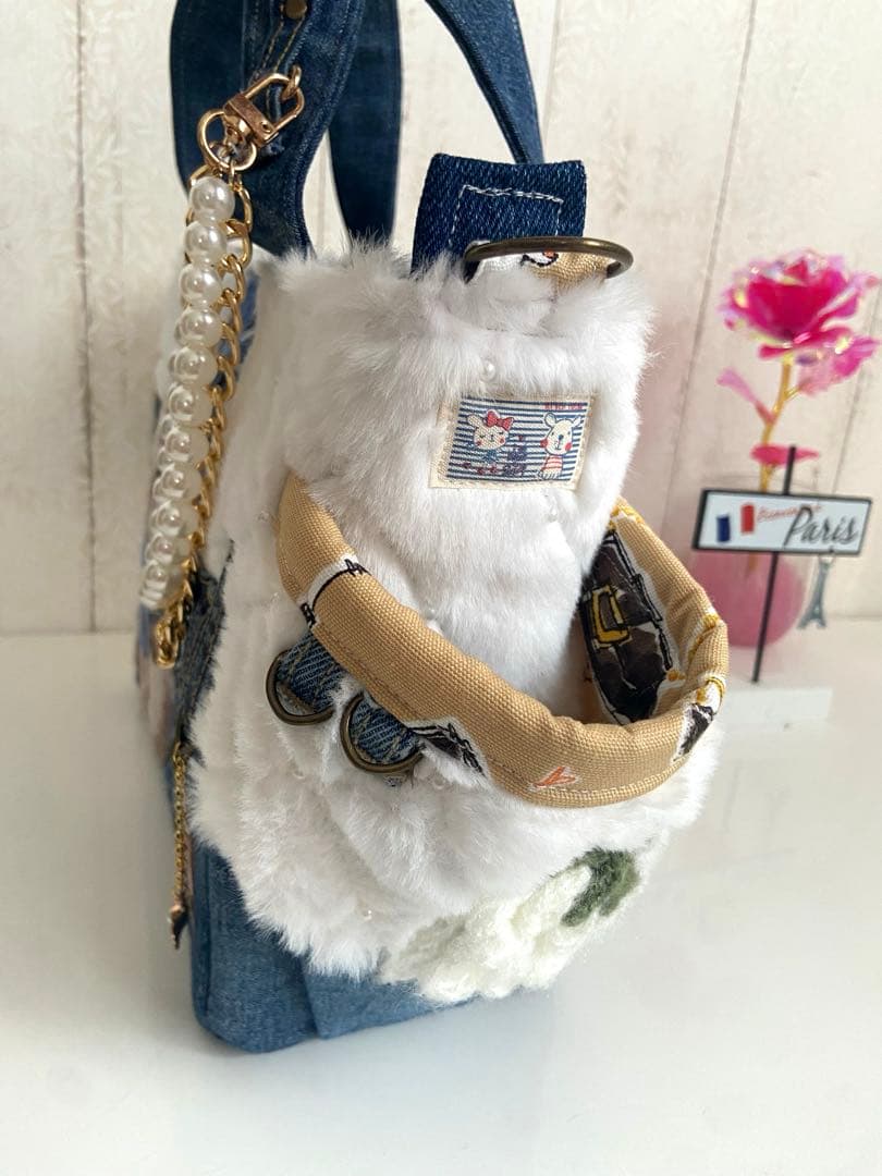 デニムリメイクバックS パール付きフワモコ×うさぎ