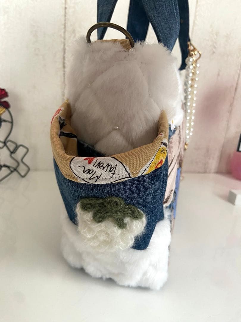 デニムリメイクバックS パール付きフワモコ×うさぎ