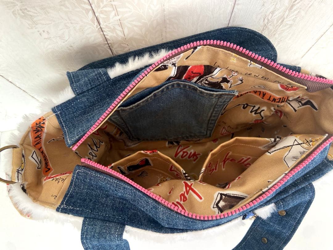 デニムリメイクバックS パール付きフワモコ×うさぎ