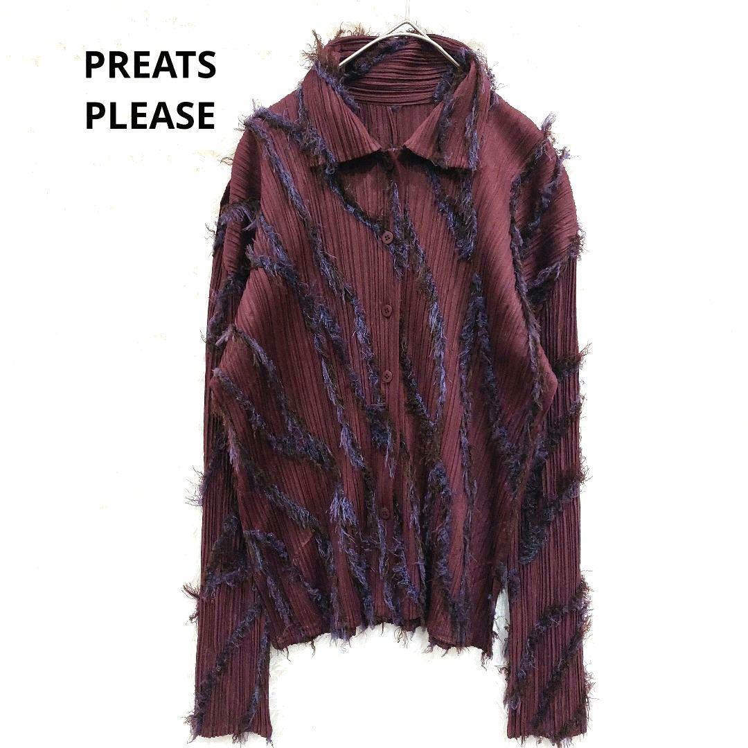 美品★プリーツプリーズ　イッセイミヤケ　フリンジブラウス　ワイン　薄手ジャケット