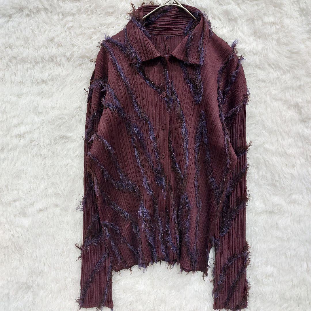 美品★プリーツプリーズ　イッセイミヤケ　フリンジブラウス　ワイン　薄手ジャケット