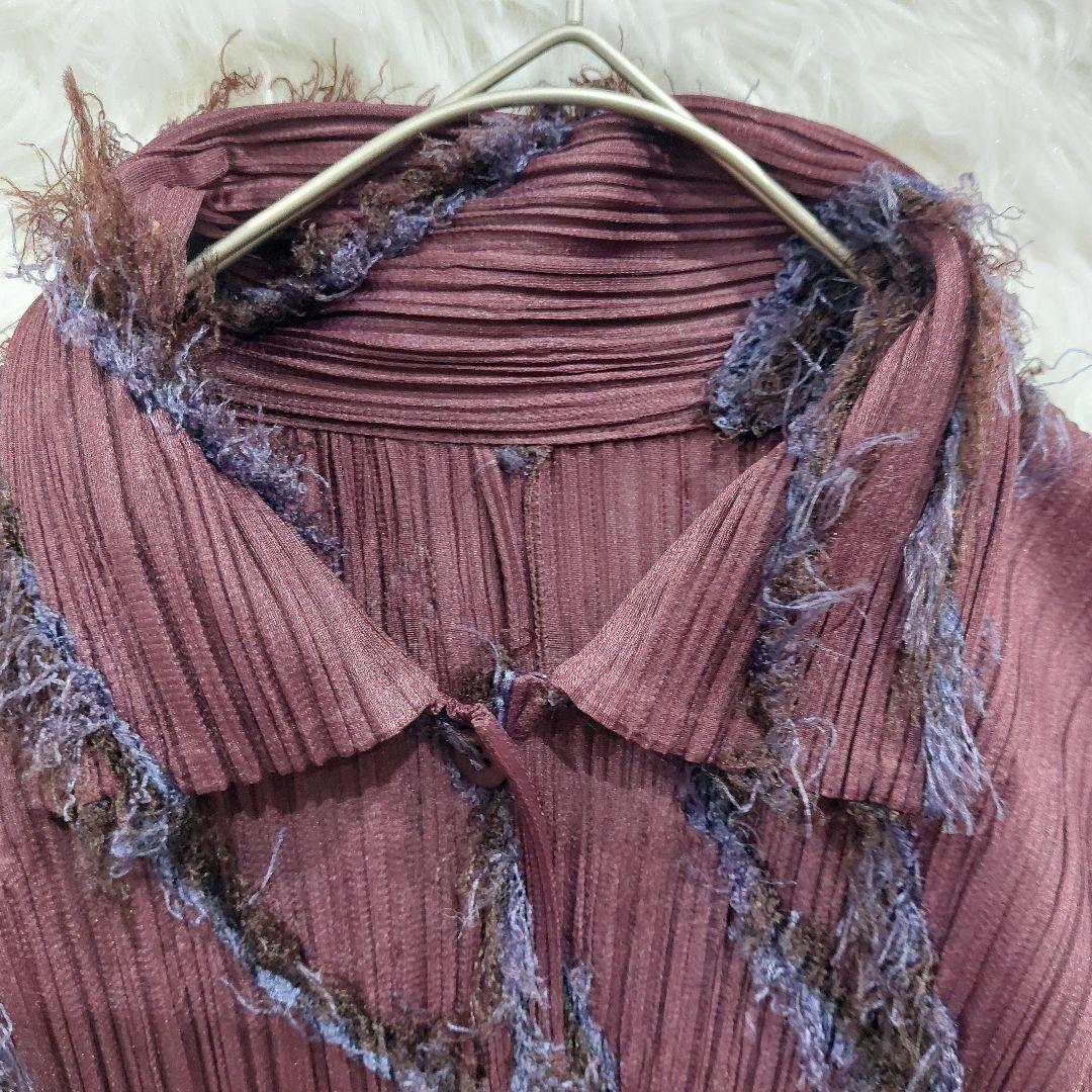 美品★プリーツプリーズ　イッセイミヤケ　フリンジブラウス　ワイン　薄手ジャケット