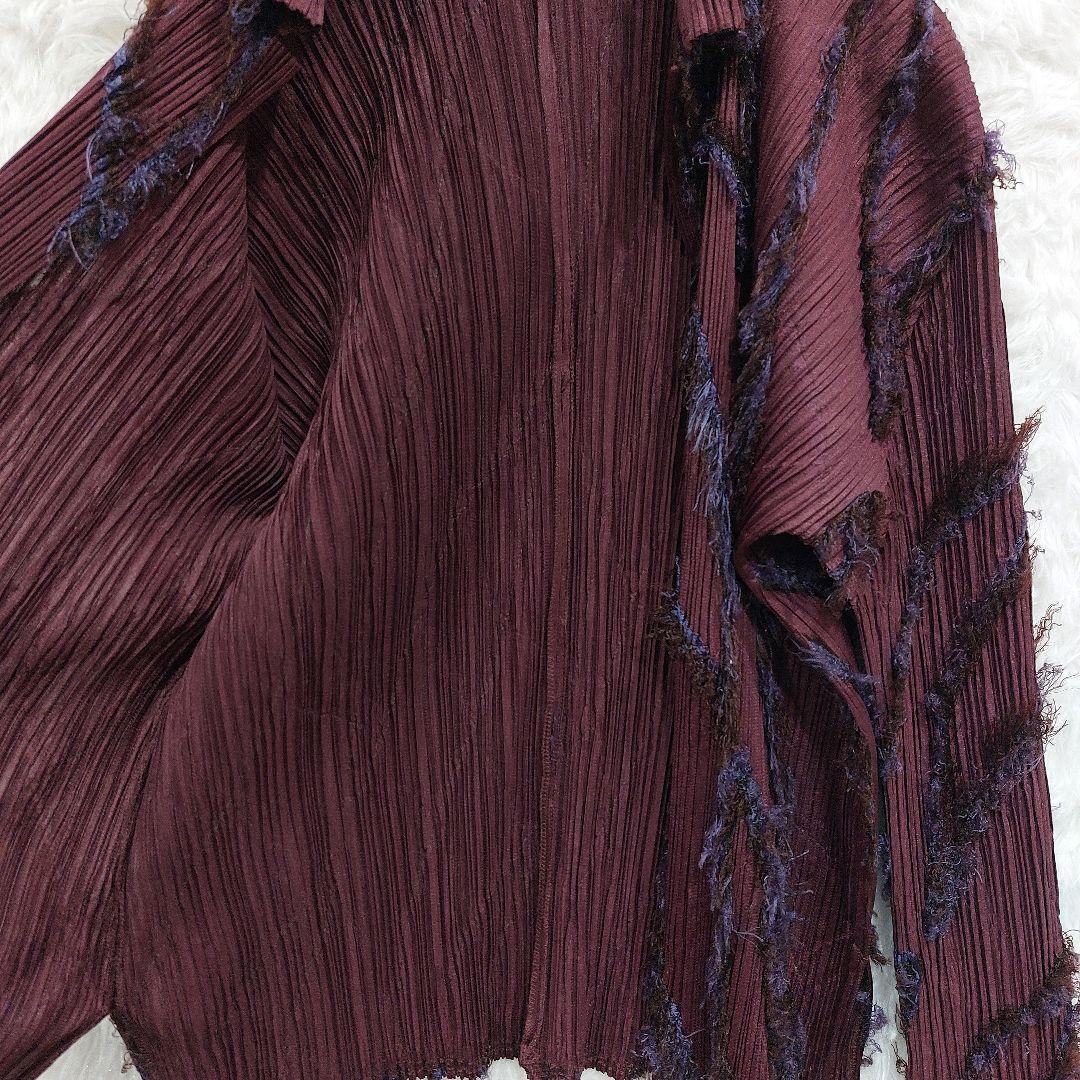 美品★プリーツプリーズ　イッセイミヤケ　フリンジブラウス　ワイン　薄手ジャケット