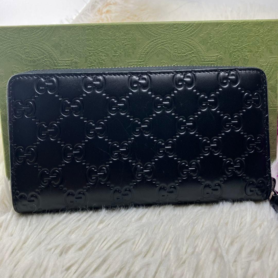 極美品⭐︎グッチ　長財布　ラウンドファスナー　GG柄　シマ　レザー　ブラック　黒