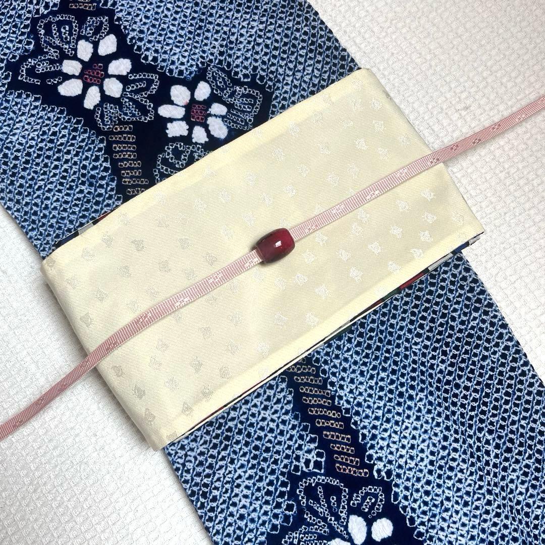 有松鳴海絞り 枝花紋様 よろけ縞 藍色×白×ベージュ Sサイズ 美品