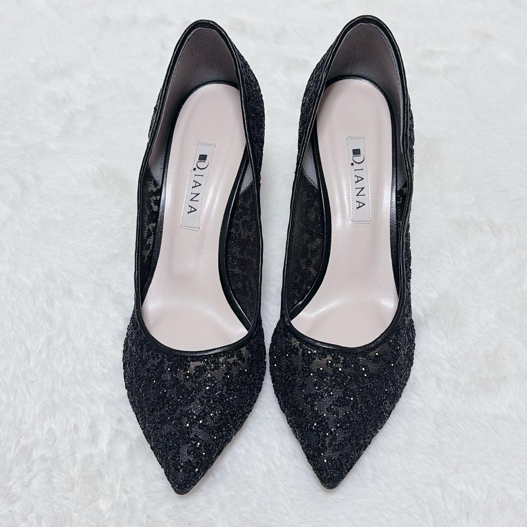 美品 DIANA グリッター ポインテッドトゥ パンプス レース 23cm
