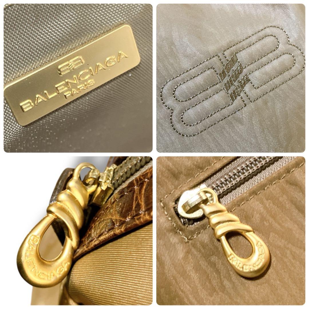 バレンシアガ クロコ型押し A4収納可 ゴールド金具 ボストンバッグ ブラウン