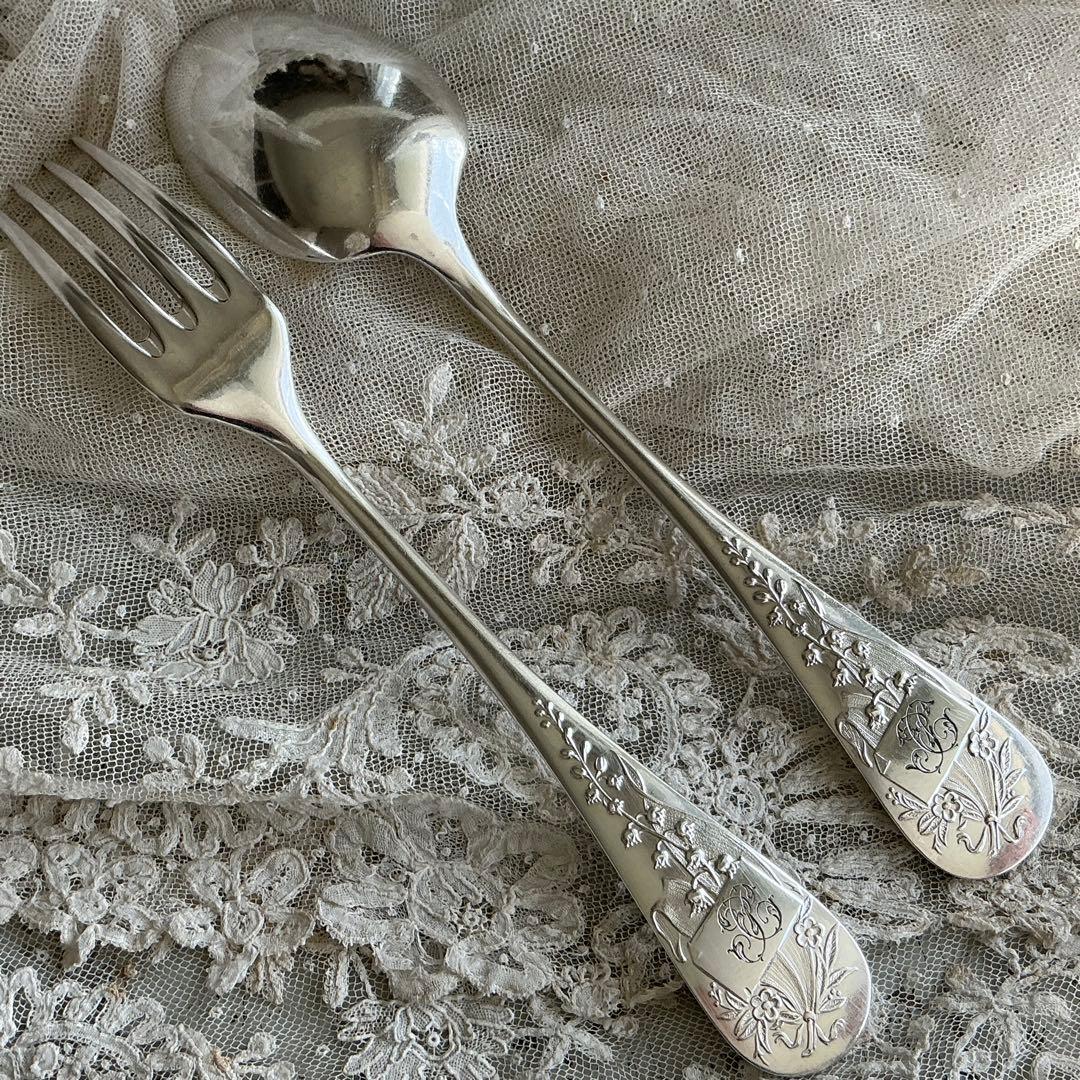 【D-１】フランスアンティーク　すずらん　スプーン＆フォーク　1組　モノグラム