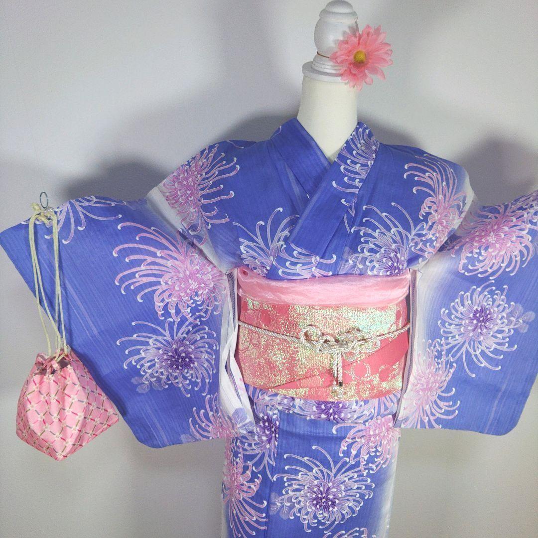 レディース　浴衣　セット　身丈155cm　紫　花柄　作り帯　ピンク　ラメ