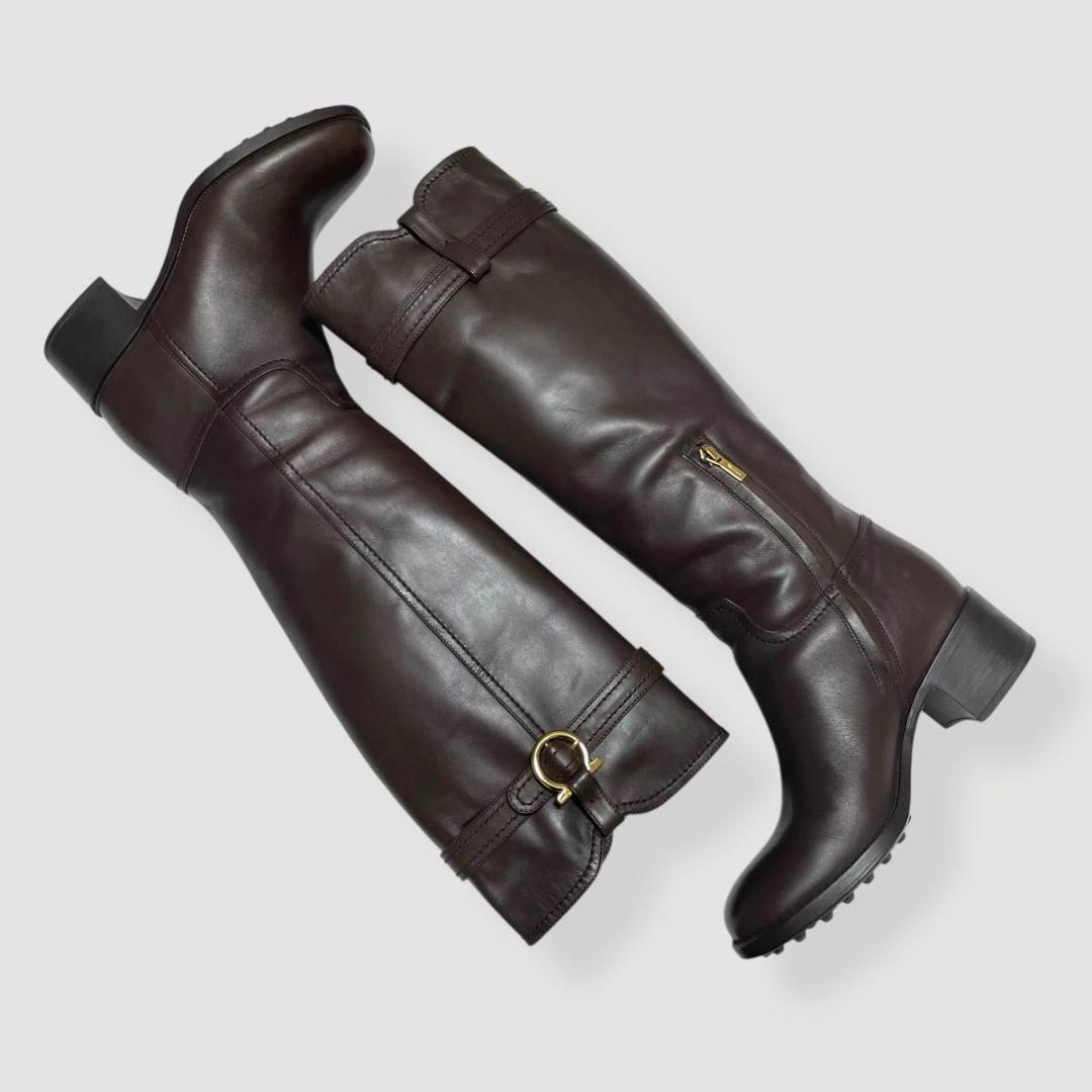 美品　Ferragamo　フェラガモ　ロングブーツ　ブラウン　ガンチーニ　レザー