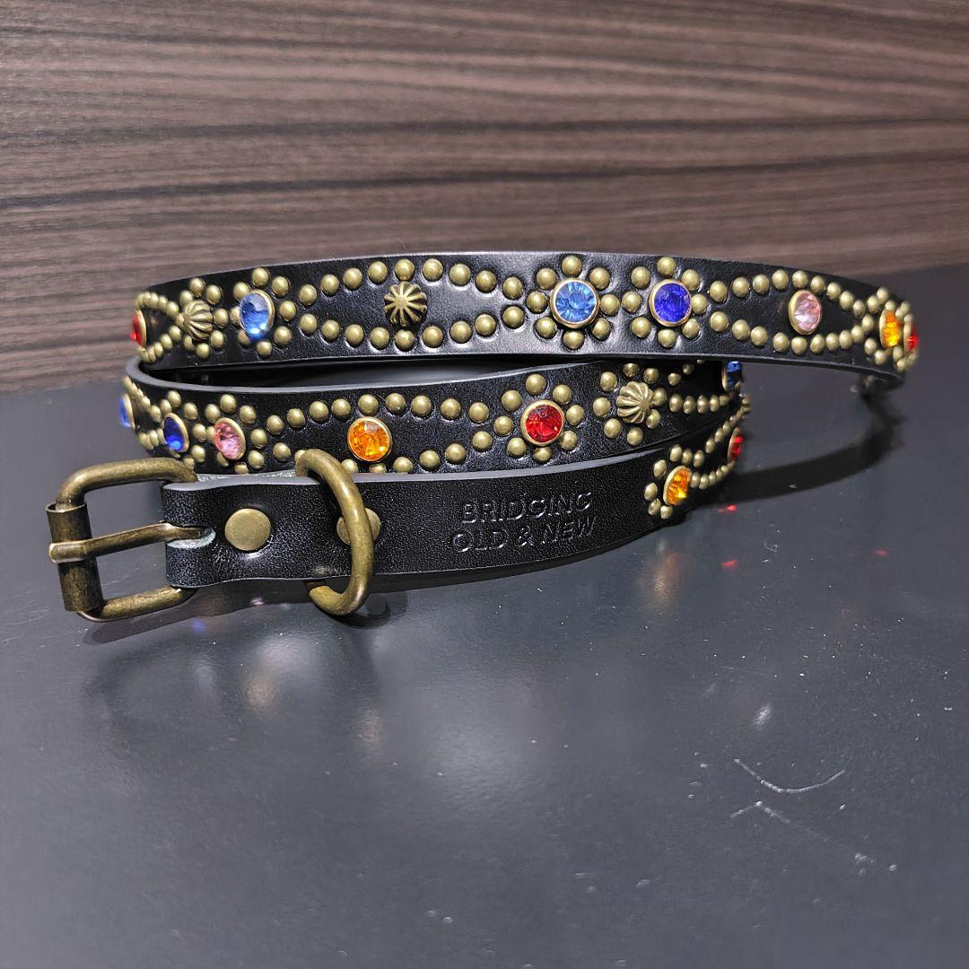 クロス虹■本革レザーフルスタッズナローベルト☆ビンテージアンティークゴールド