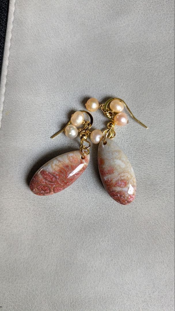 2way フォッシルコーラル＆淡水パール　 ピアス／イヤリング