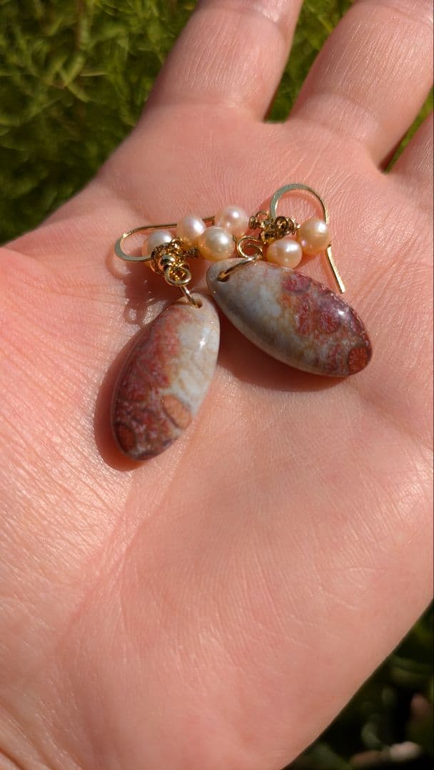 2way フォッシルコーラル＆淡水パール　 ピアス／イヤリング