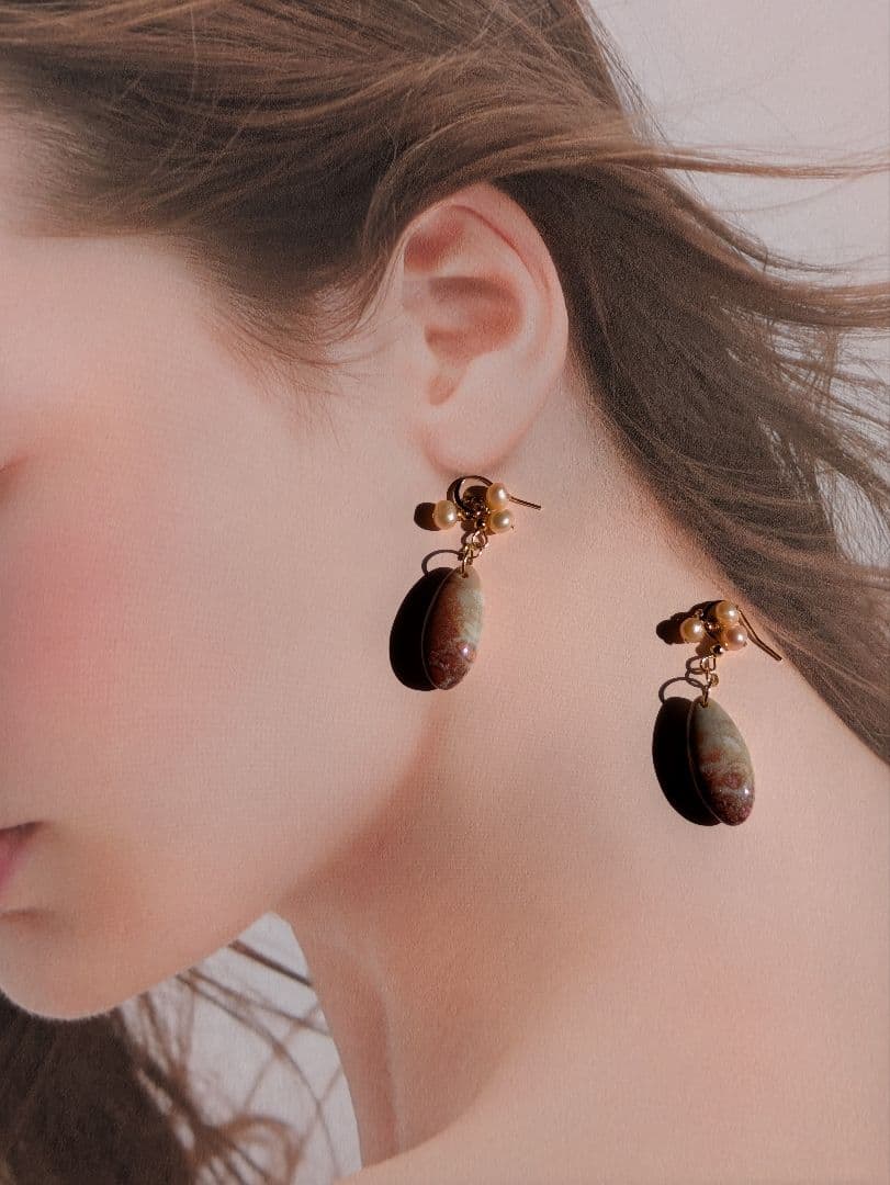 2way フォッシルコーラル＆淡水パール　 ピアス／イヤリング