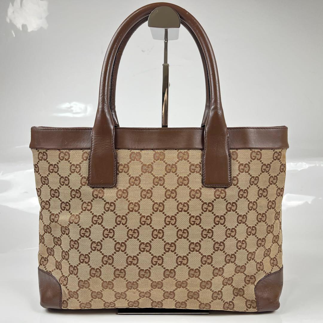 【美品】グッチ　トートバッグ　ハンドバッグ　GG柄　キャンバス　レザー　ブラウン