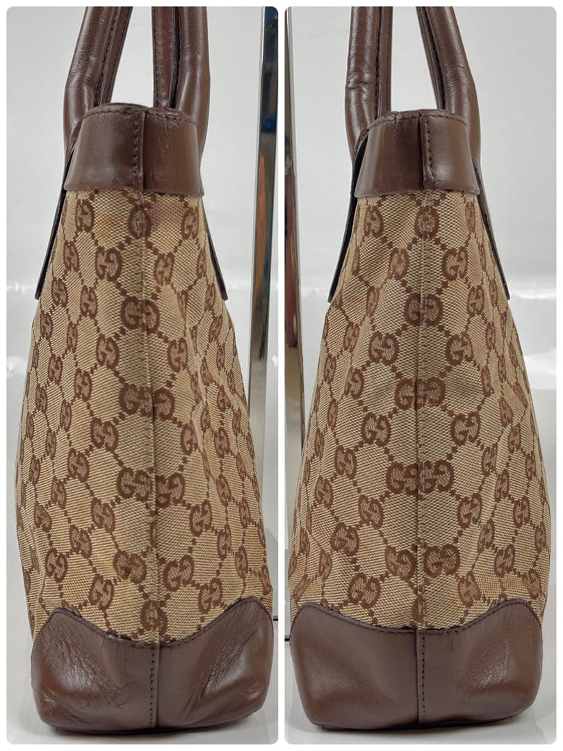 【美品】グッチ　トートバッグ　ハンドバッグ　GG柄　キャンバス　レザー　ブラウン