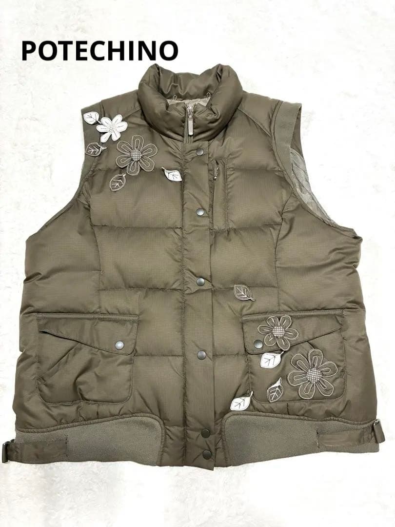 POTECHINO ダウンベスト 花モチーフ付 カーキ ゆったり