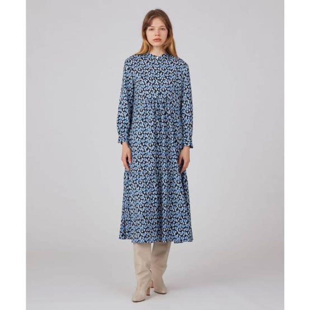 美品 ボールジィ ブルリーフラワープリント クルーネックワンピース 36サイズ