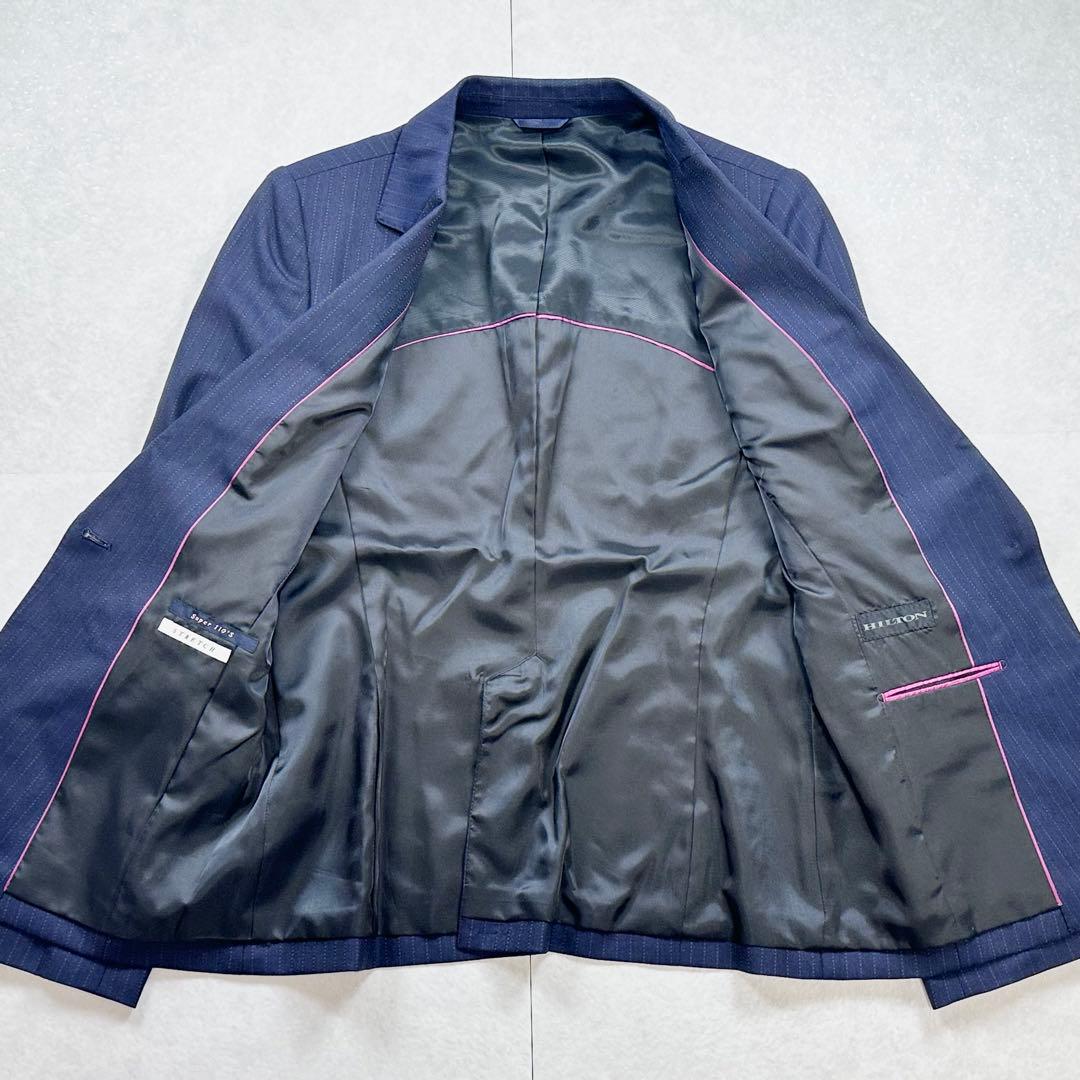 美品 HILTON super110's ストライプスーツ 13.15号 紺
