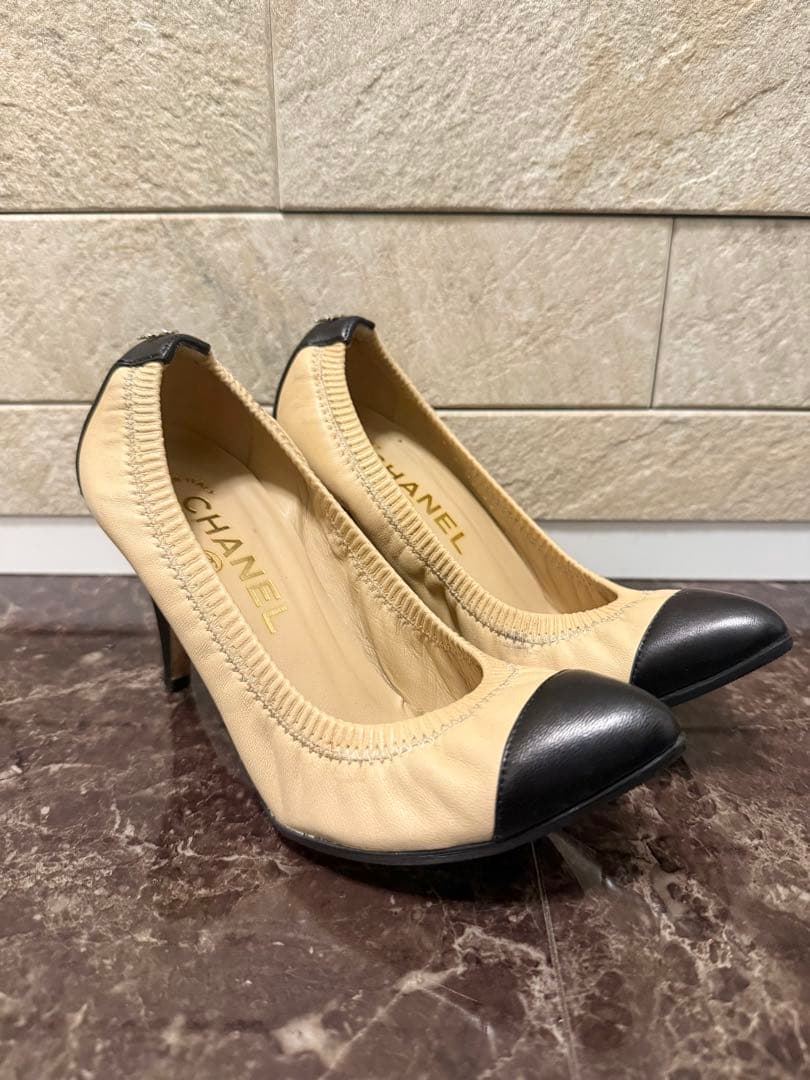 CHANEL シャネル　ベージュ ブラック ハイヒールパンプス　34 1/2