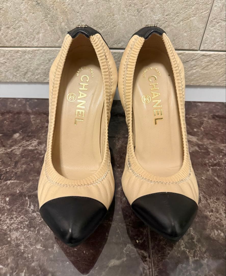 CHANEL シャネル　ベージュ ブラック ハイヒールパンプス　34 1/2