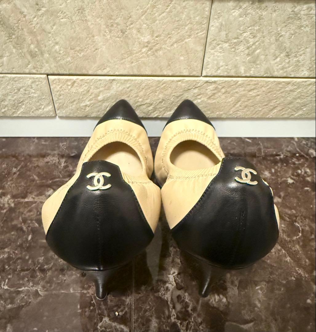 CHANEL シャネル　ベージュ ブラック ハイヒールパンプス　34 1/2