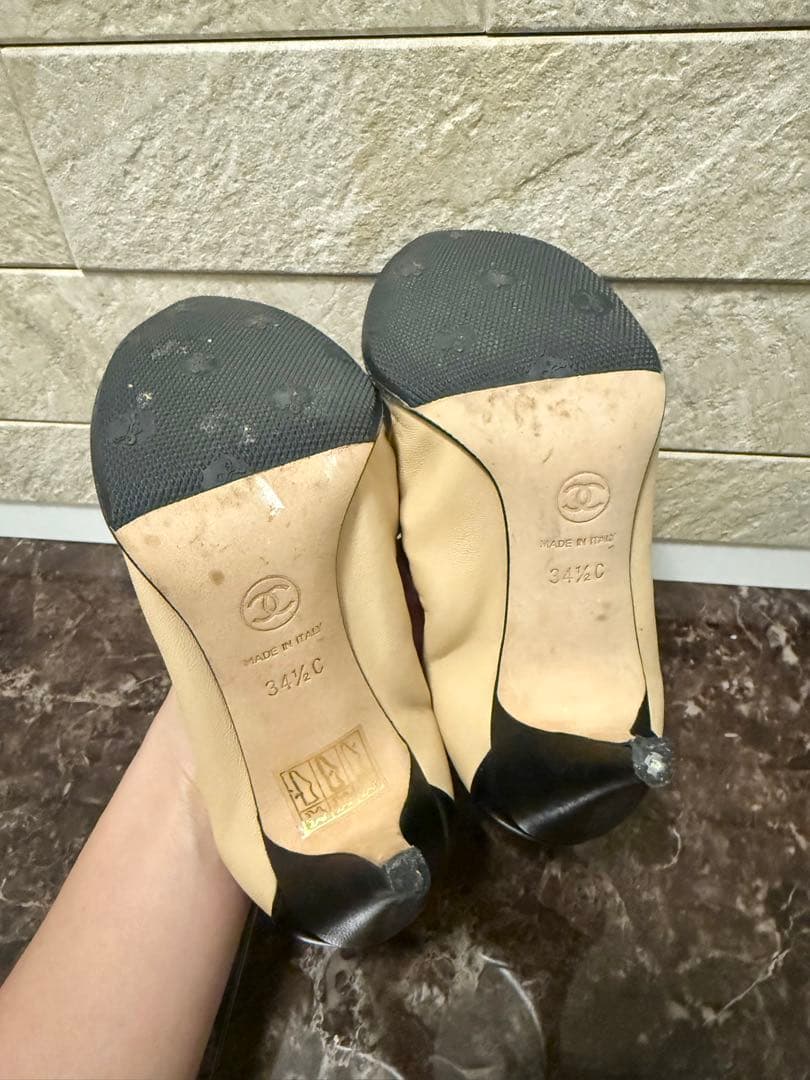 CHANEL シャネル　ベージュ ブラック ハイヒールパンプス　34 1/2