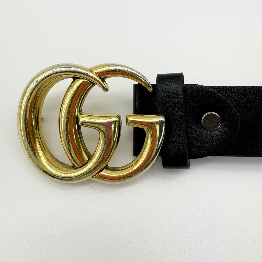 【極美品】GUCCI　ベルト　黒　GGマーモント　ゴールド　レザー　ロゴバックル