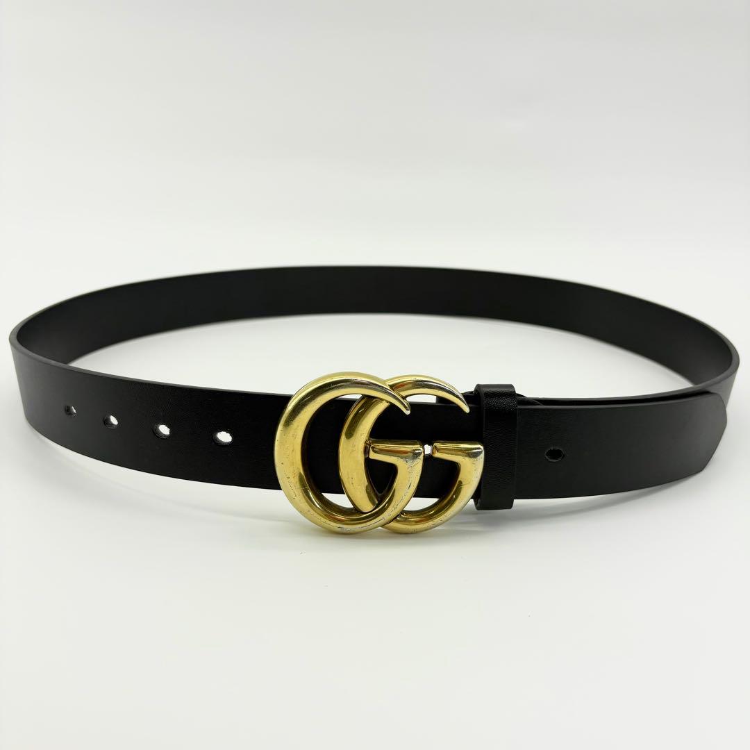 【極美品】GUCCI　ベルト　黒　GGマーモント　ゴールド　レザー　ロゴバックル