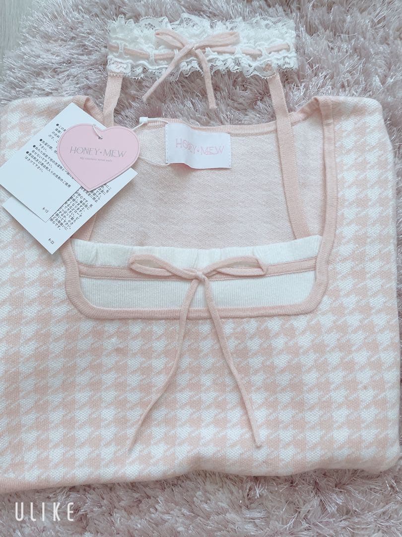 HONEY MEWハニーミュウ レースチョーカー付き千鳥柄トップス ピンク