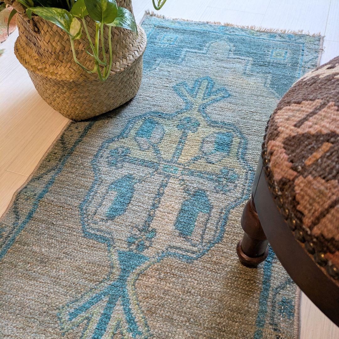 43×107 ヴィンテージトルコブルーメダリオン　トルコラグ　ミニサイズ