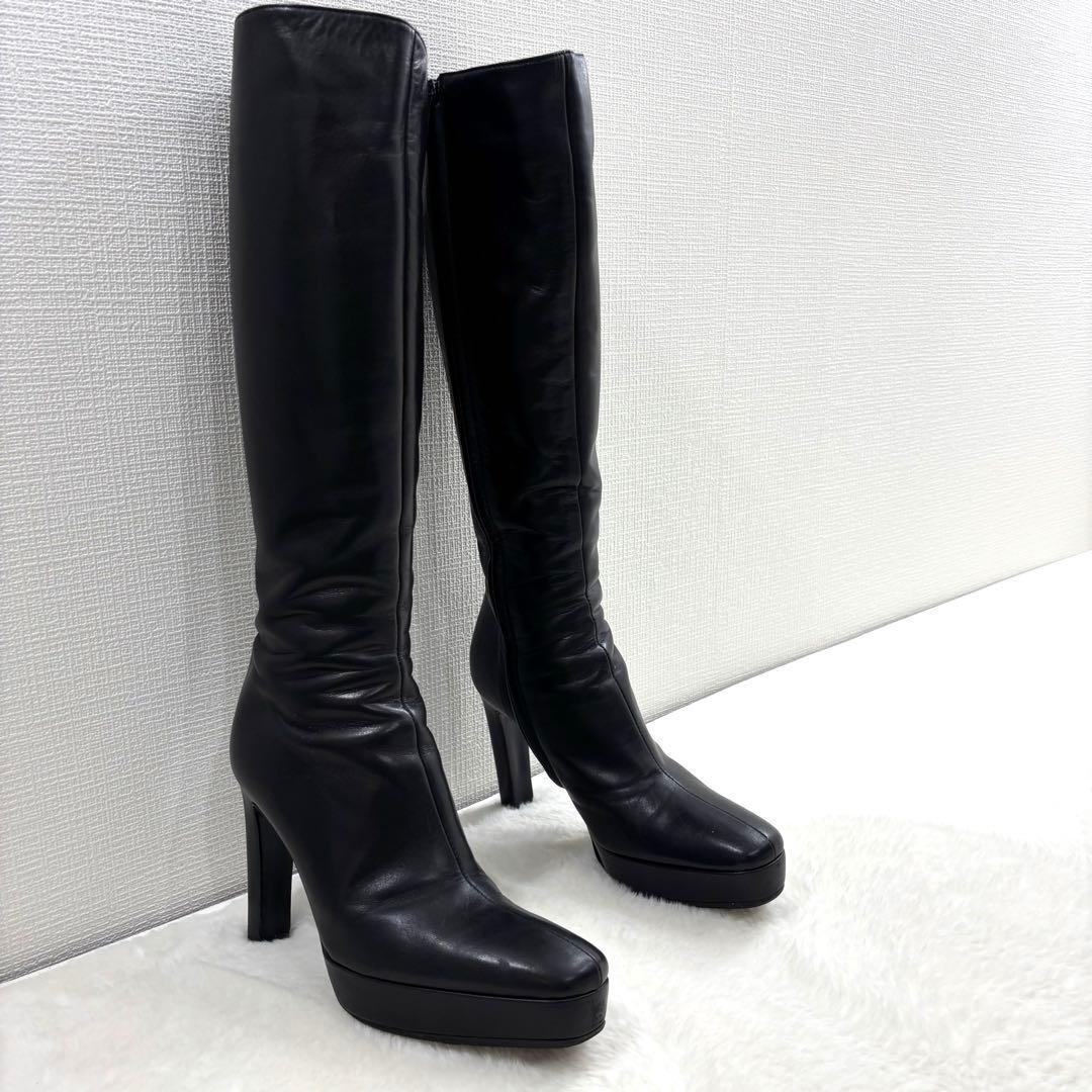 グッチ　ロング ブラック レザー ブーツ　厚底　22.5〜23.0cm　本革