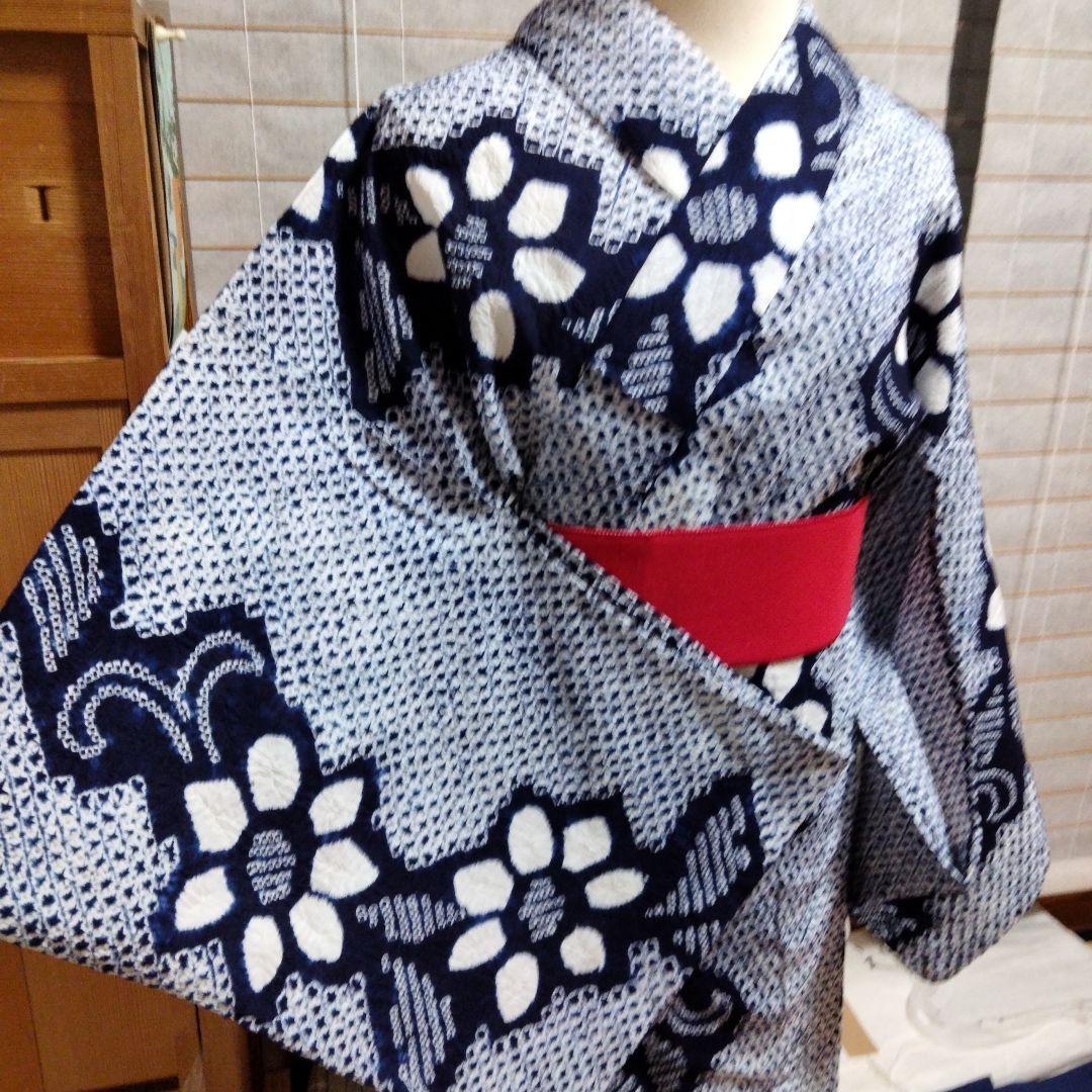 有松絞り浴衣　居敷当て、肩布付 裄66.5 肩身丈159