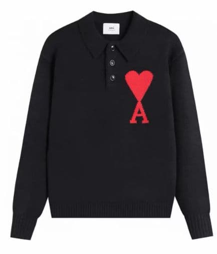 AMI PARIS ブラック ハート刺繍 ポロニット L