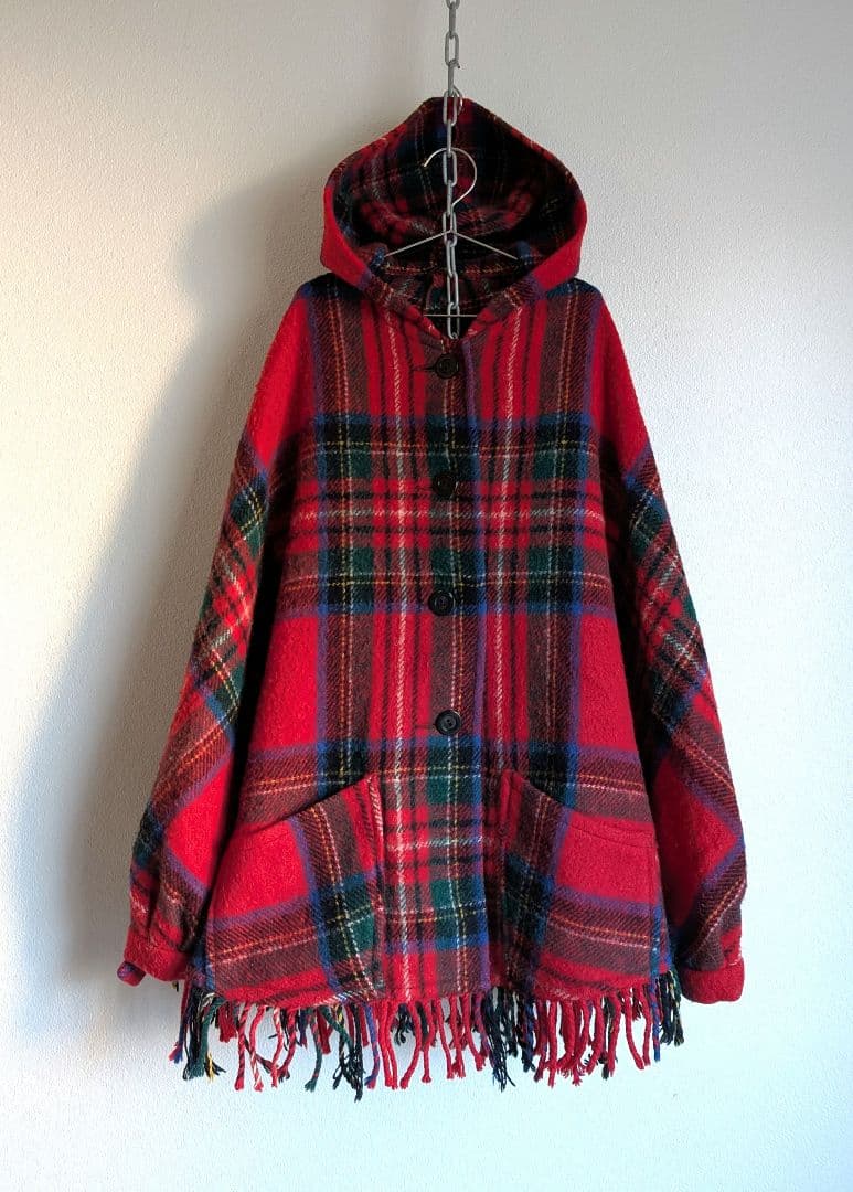 60's　70's　ヴィンテージ　タータンチェック　ケープジャケット　フード付き
