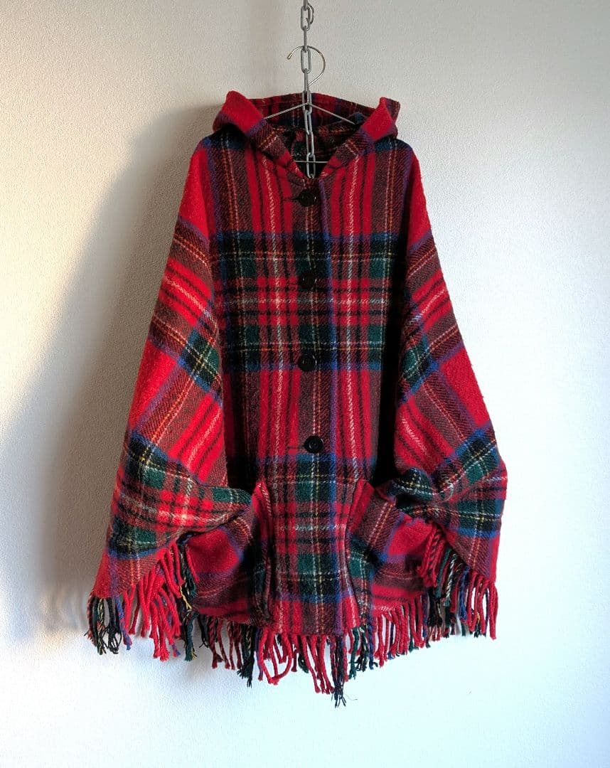 60's　70's　ヴィンテージ　タータンチェック　ケープジャケット　フード付き